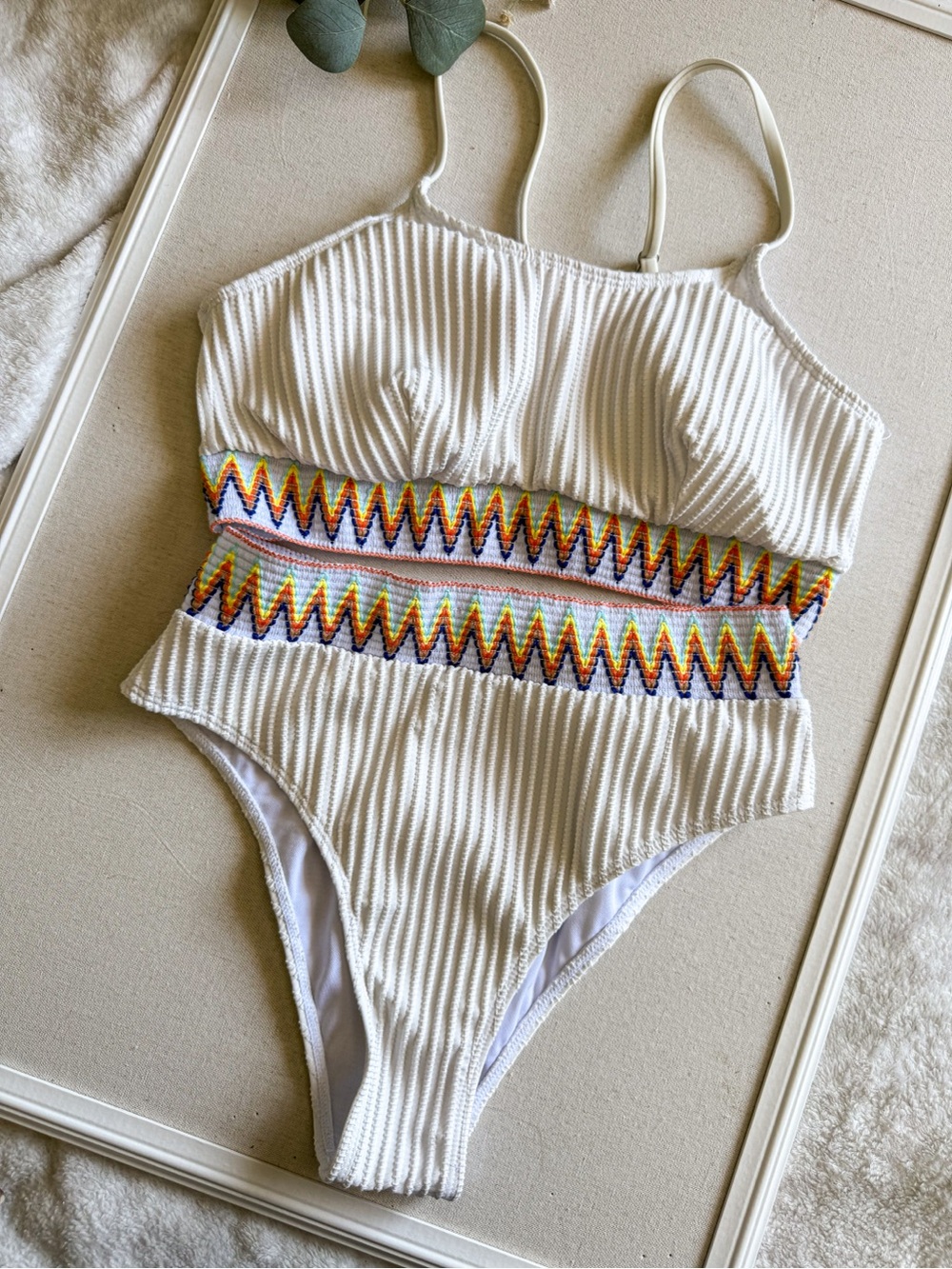 Textured Ribbed Bikini Set White Colorful Zigzag Trim High Waisted Size L - Picture 1 of 8